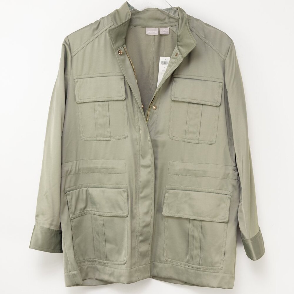 Chico's Utility Jacket Satin Coat Sage Leaf Green Size 2 Petite 12/14 Short New - Picture 2 of 9